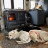 Three dogs relaxing in front of Ironheart cook stove